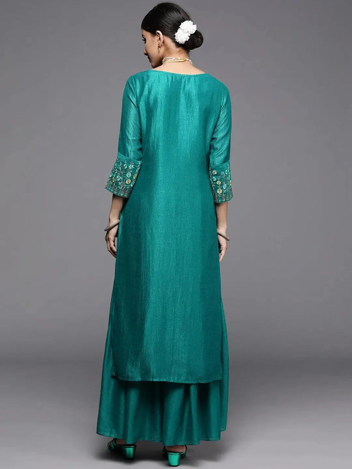 Green Solid Silk Kurta - Libas
