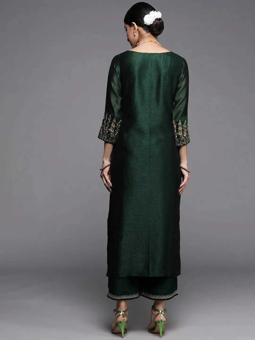 Green Solid Silk Kurta - Libas