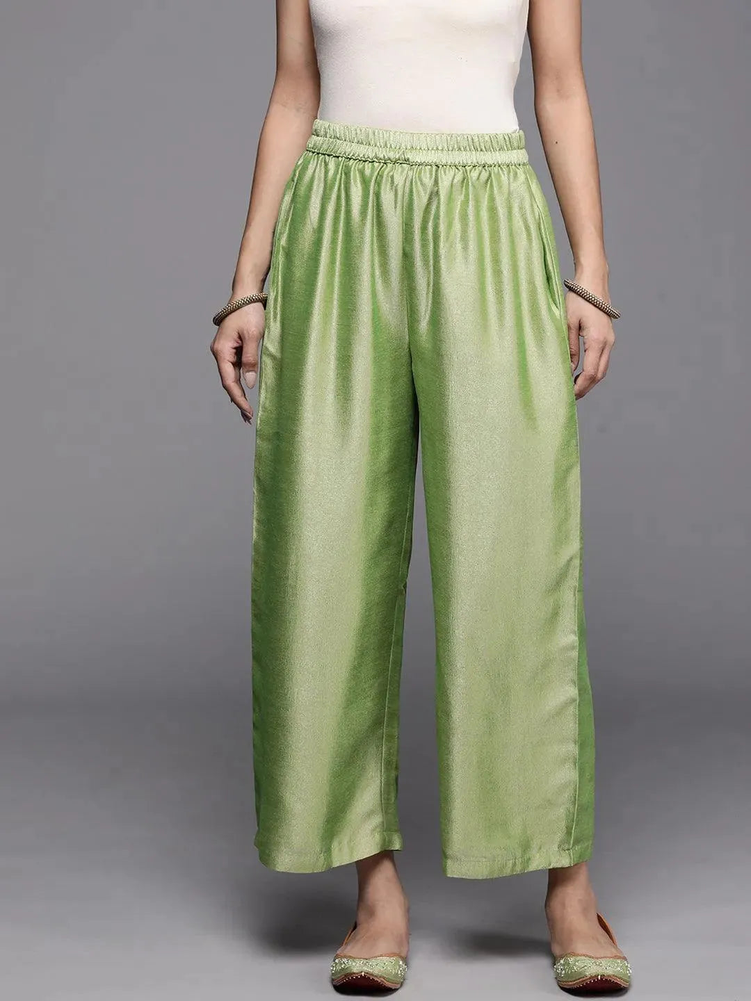 Green Solid Silk Palazzos - Libas
