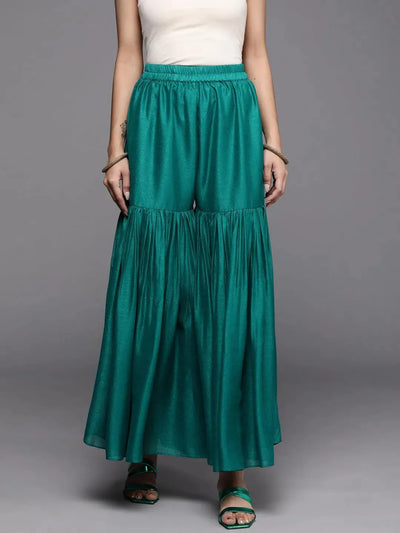 Green Solid Silk Palazzos - Libas