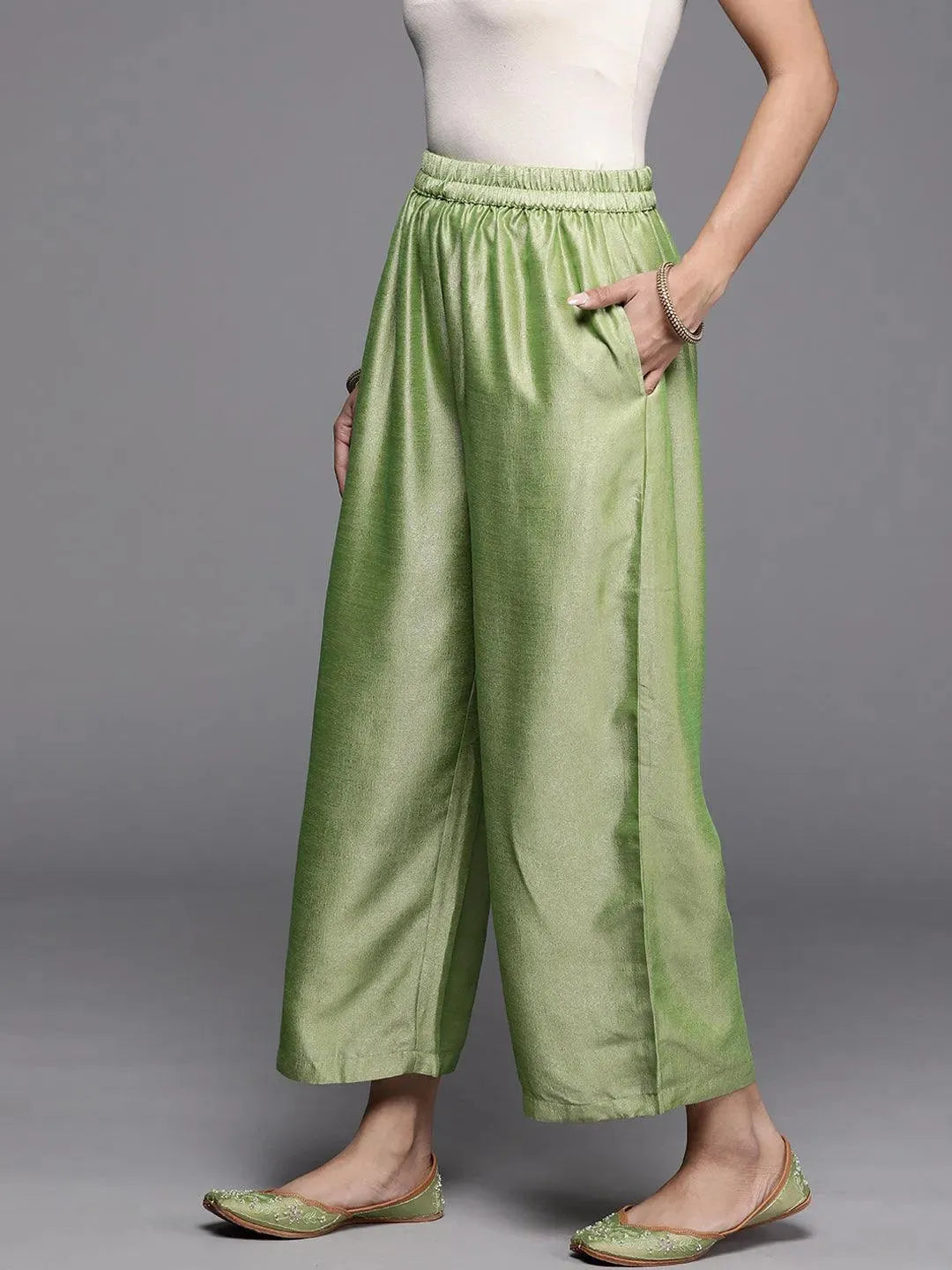 Green Solid Silk Palazzos - Libas 