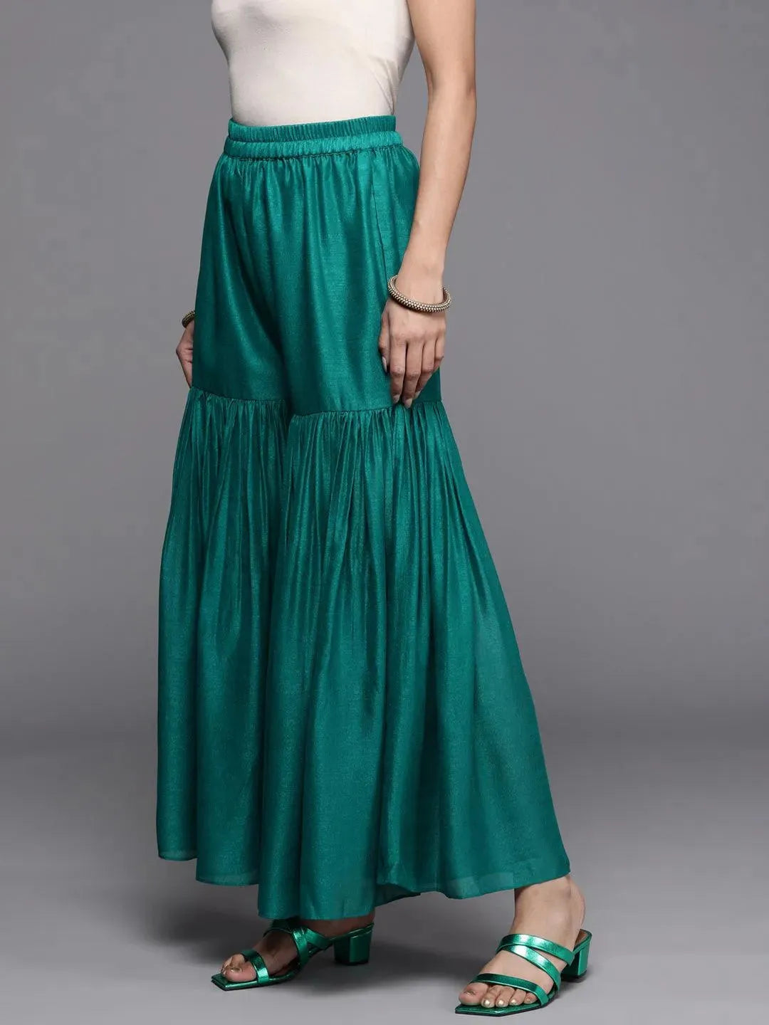 Green Solid Silk Palazzos - Libas