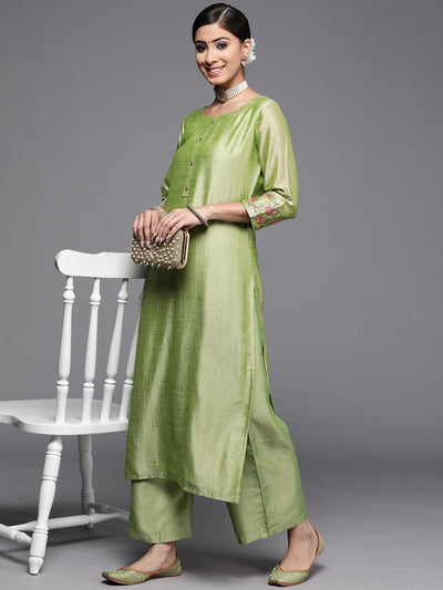 Green Solid Silk Palazzos - Libas