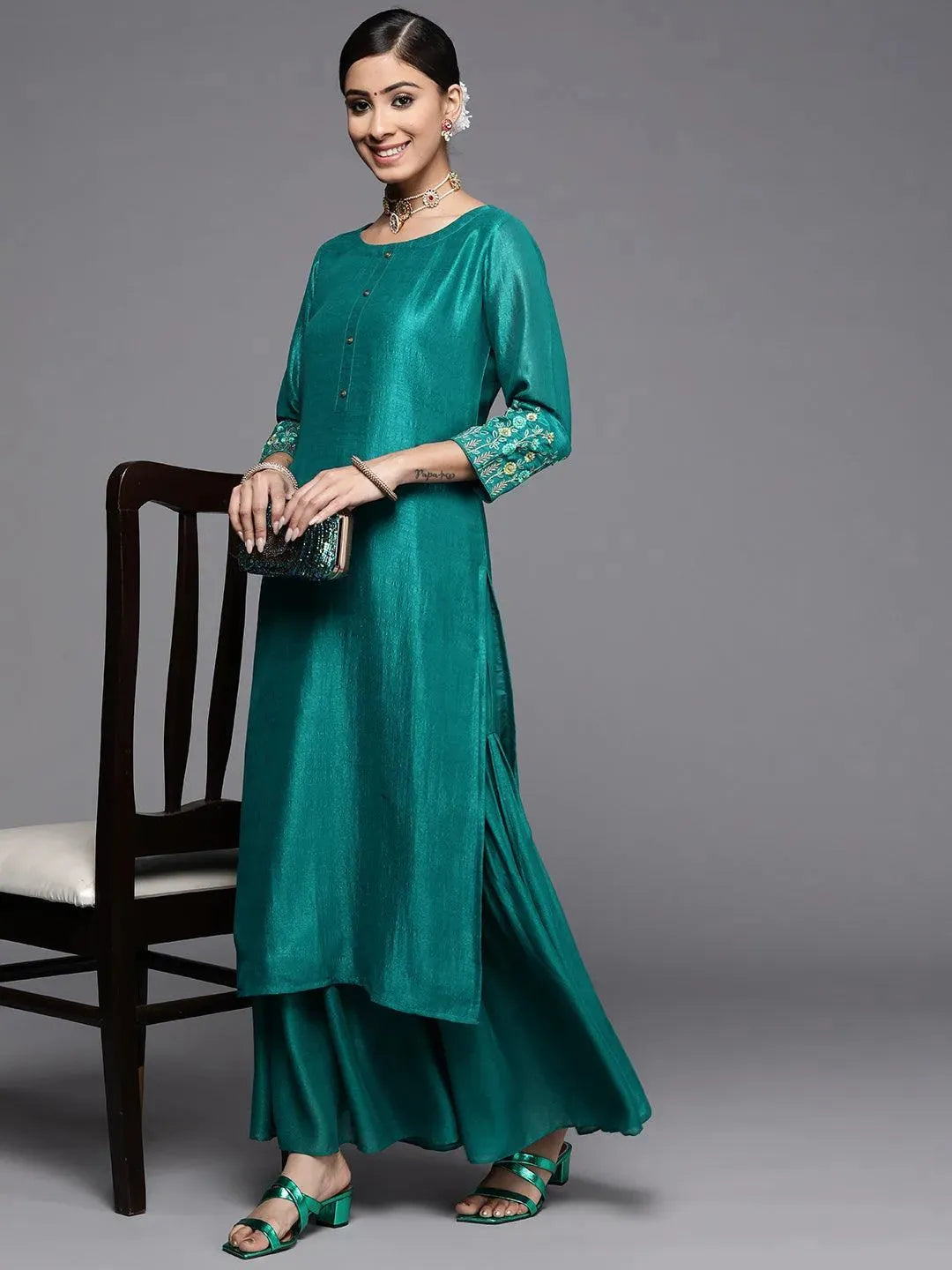 Green Solid Silk Palazzos - Libas