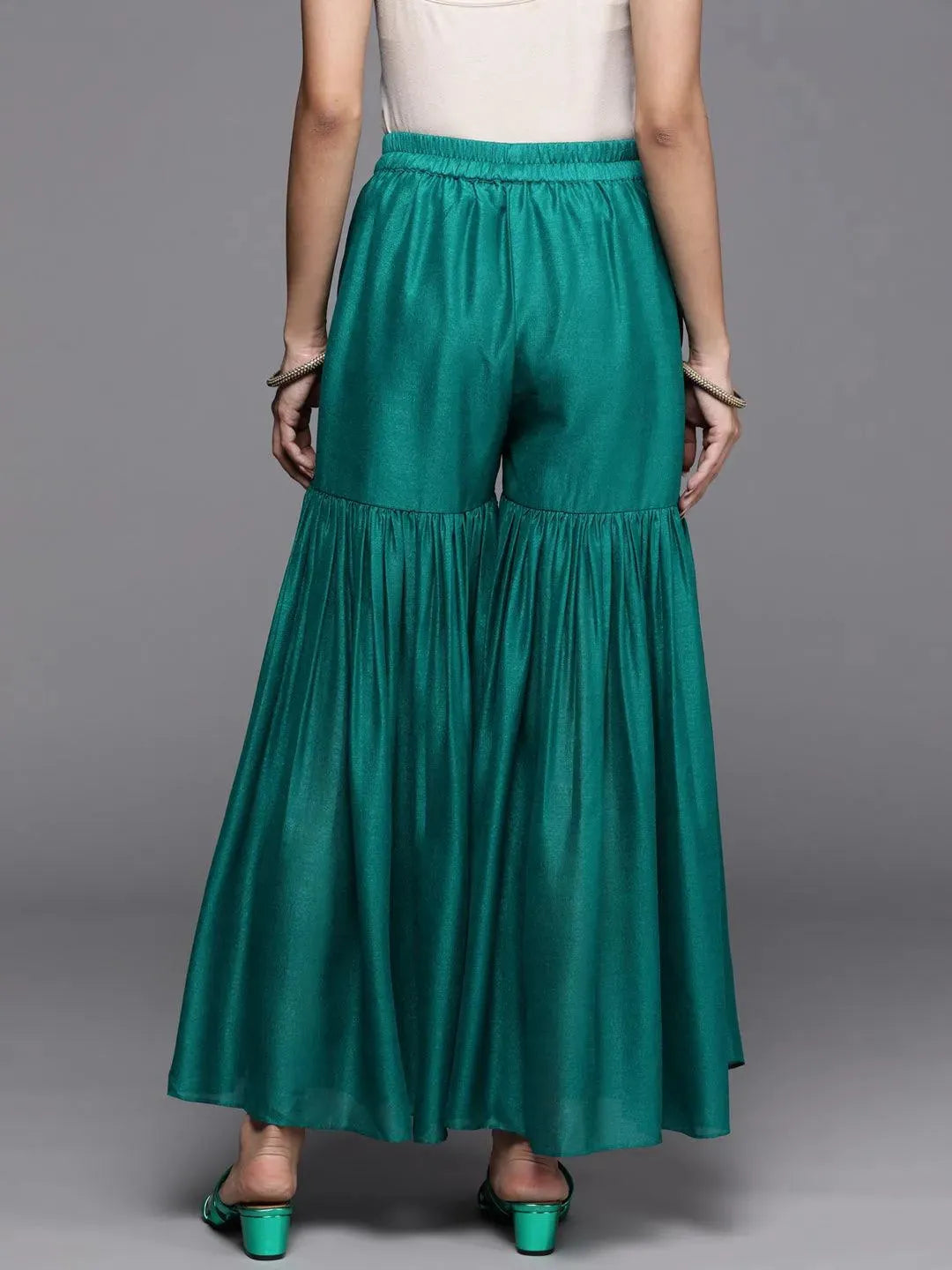 Green Solid Silk Palazzos - Libas 