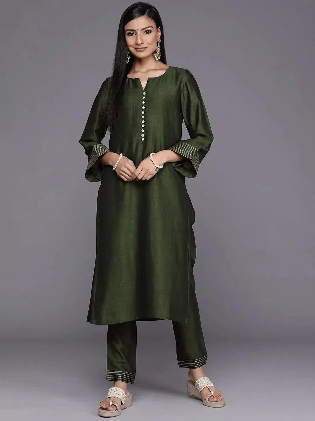 libas Green Solid Silk Straight Kurta-picture-65