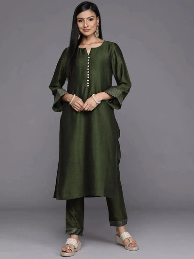 Green Solid Silk Straight Kurta - Libas