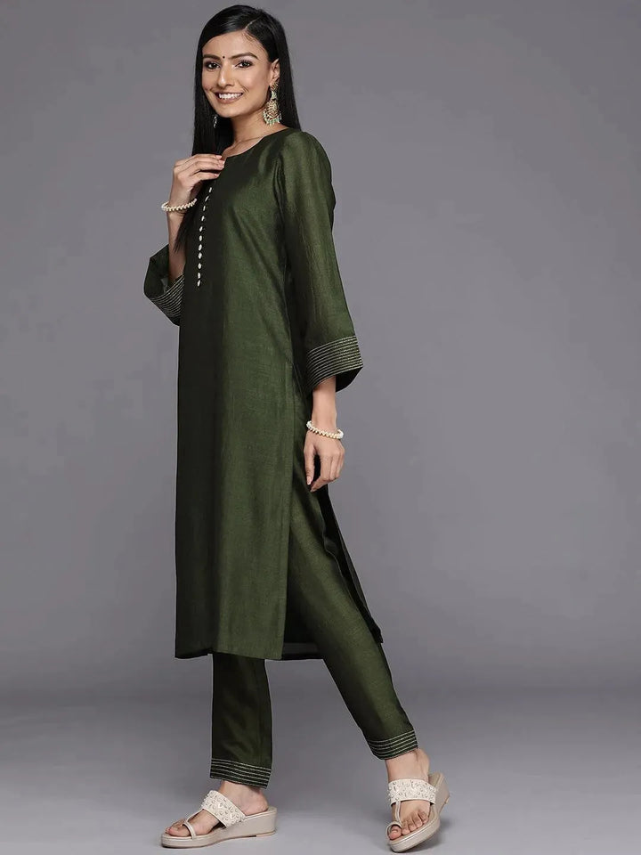 Green Solid Silk Straight Kurta - Libas