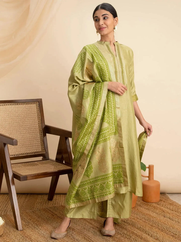 Green Solid Silk Suit Set - Libas