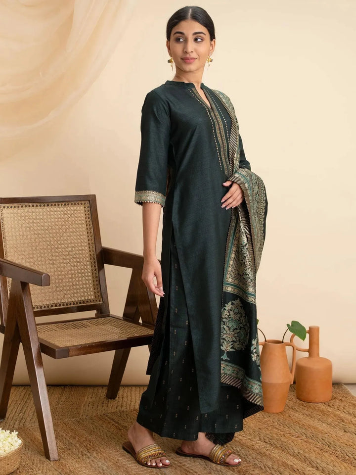 Green Solid Silk Suit Set - Libas