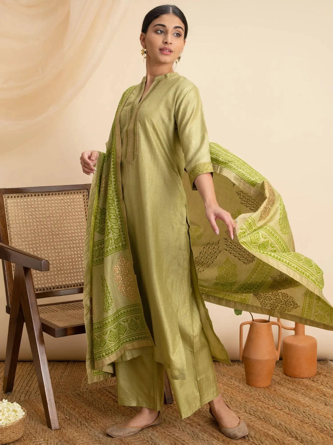 Green Solid Silk Suit Set - Libas