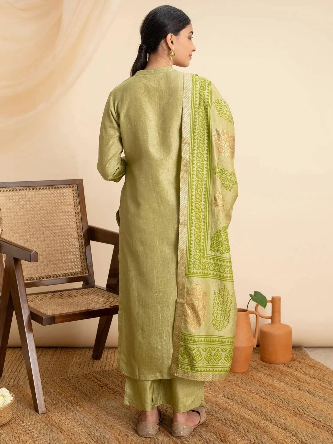 Green Solid Silk Suit Set - Libas 