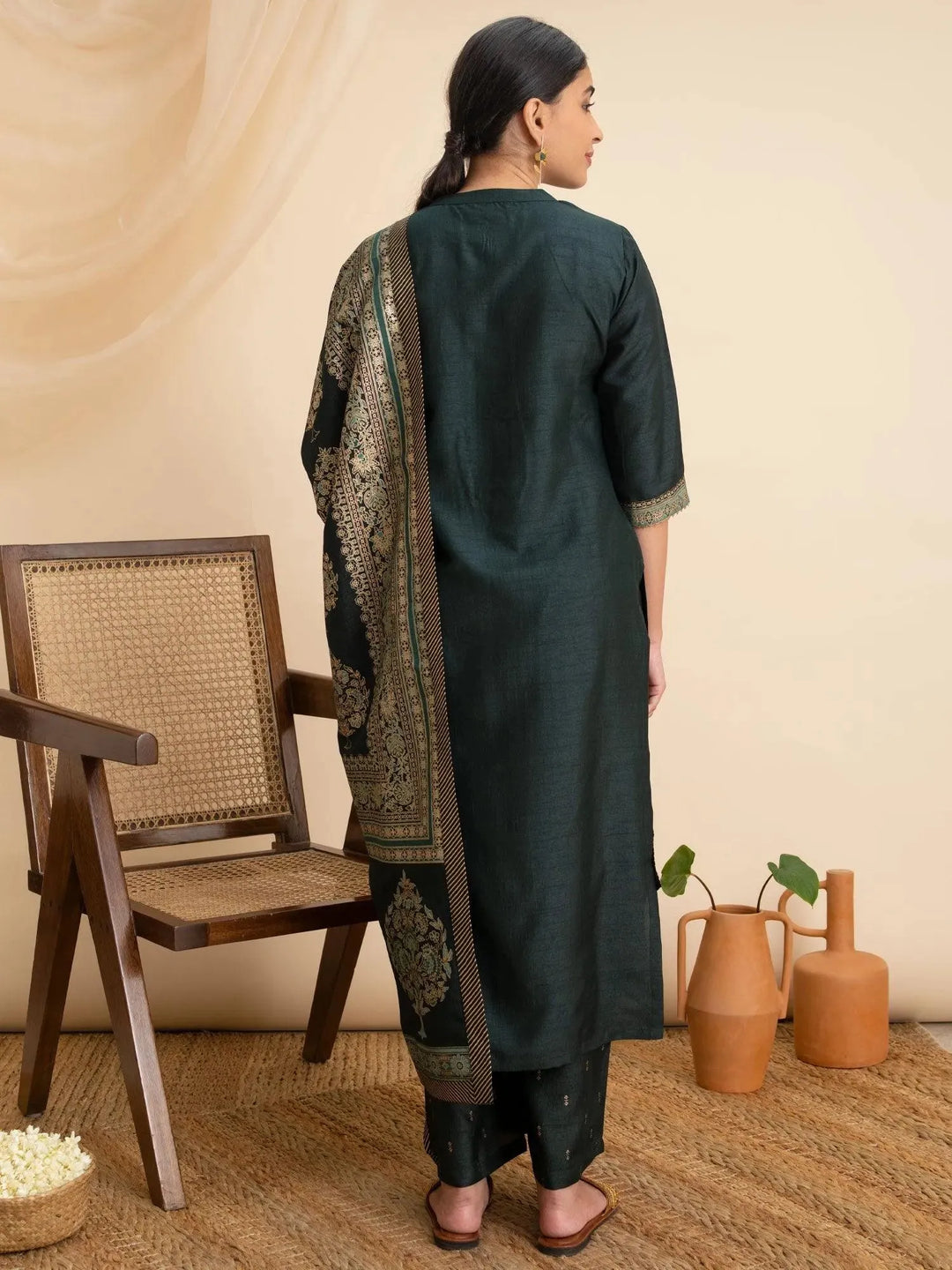 Green Solid Silk Suit Set - Libas 