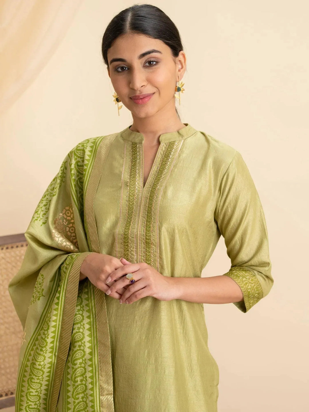 Green Solid Silk Suit Set - Libas 
