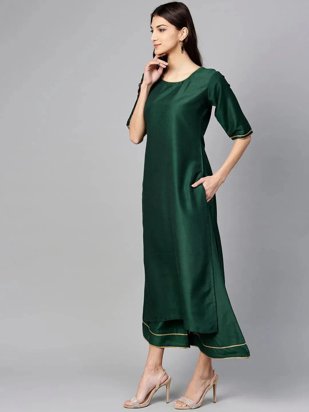 Green Solid Silk Suit Set - Libas