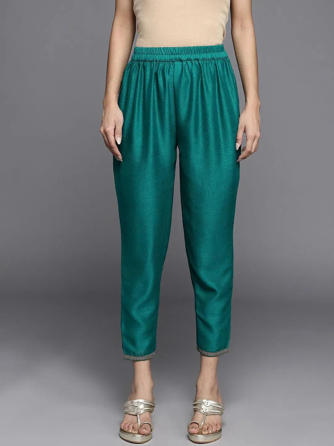 Green Solid Silk Trousers - Libas