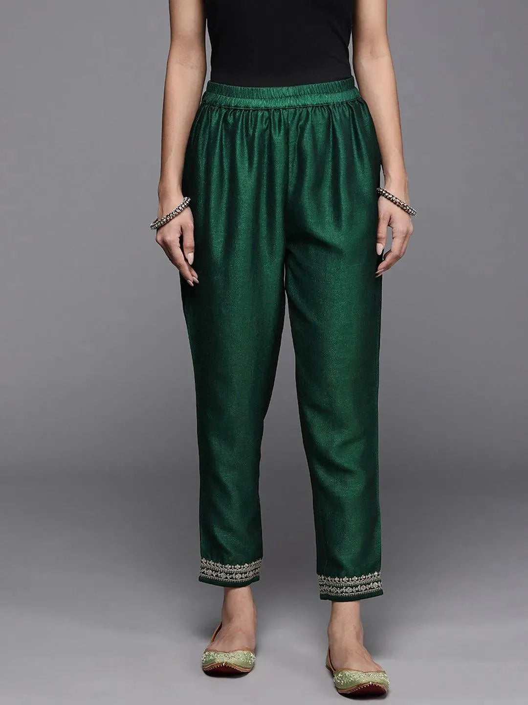 Green Solid Silk Trousers - Libas