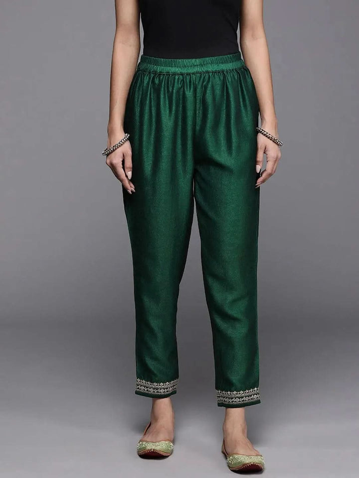 Green Solid Silk Trousers - Libas