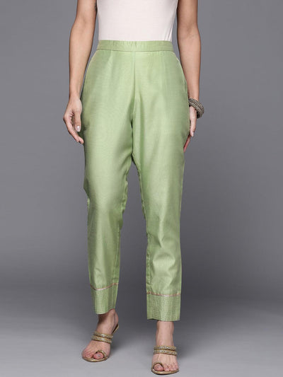Green Solid Silk Trousers - Libas