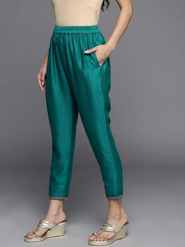 Green Solid Silk Trousers - Libas