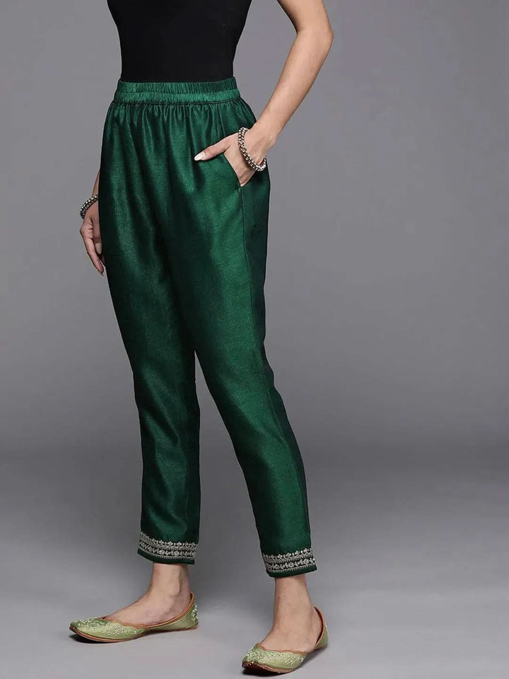 Green Solid Silk Trousers - Libas