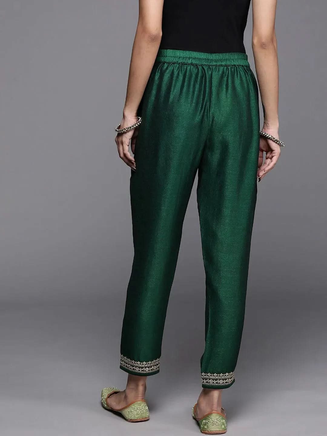 Green Solid Silk Trousers - Libas 
