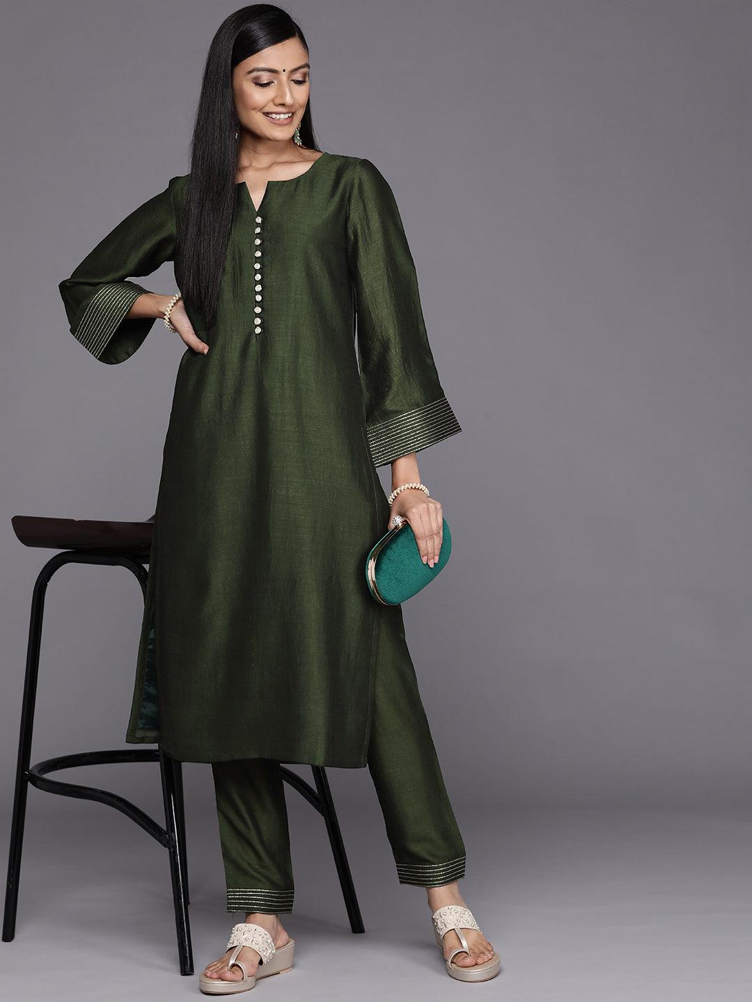 Green Solid Silk Trousers - Libas