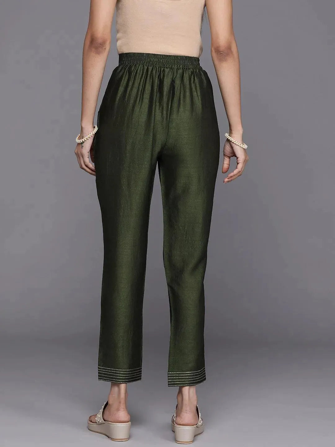 Green Solid Silk Trousers - Libas