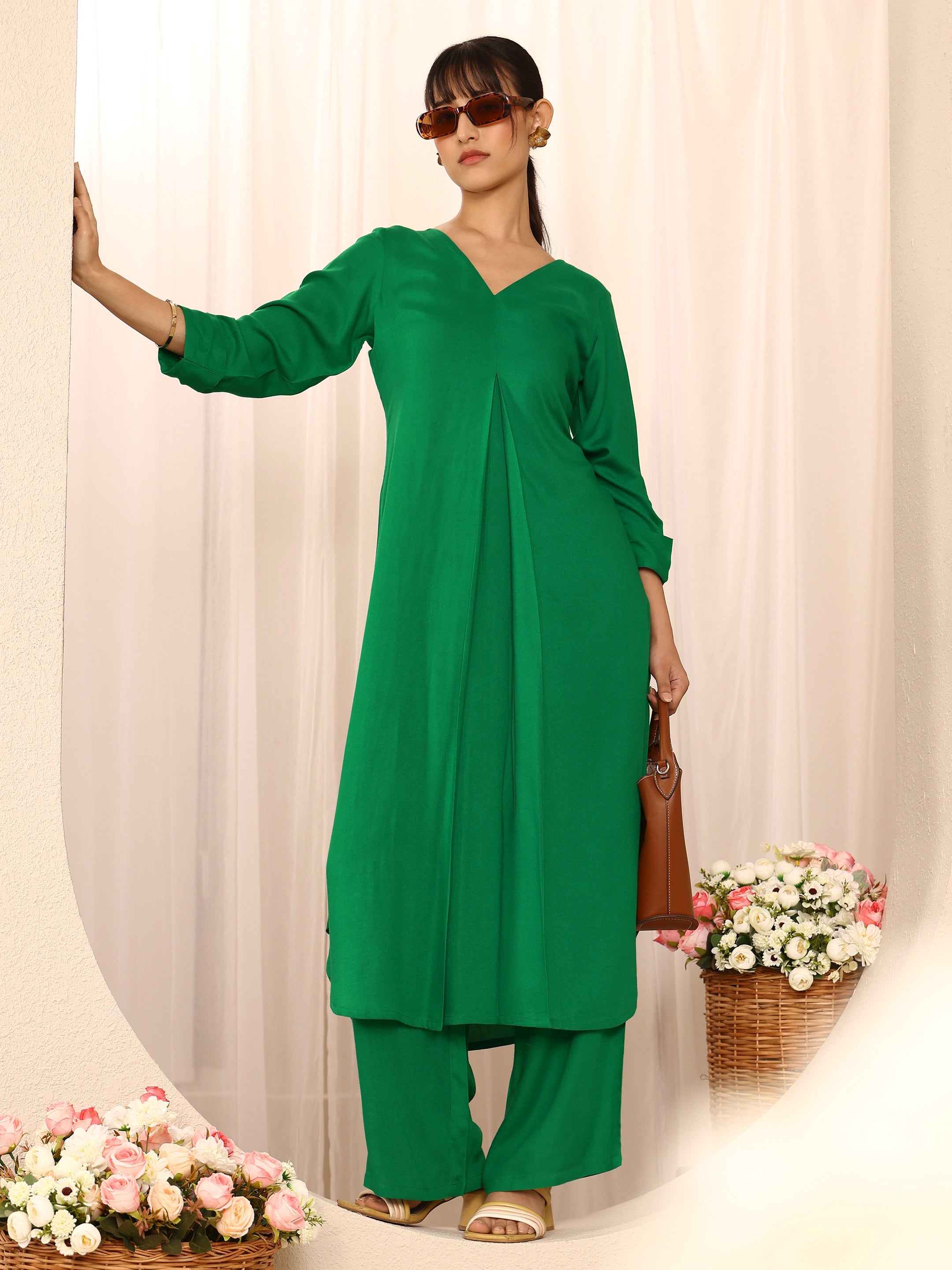 libas Green Solid Solid Rayon A-Line Kurta Set-picture-14