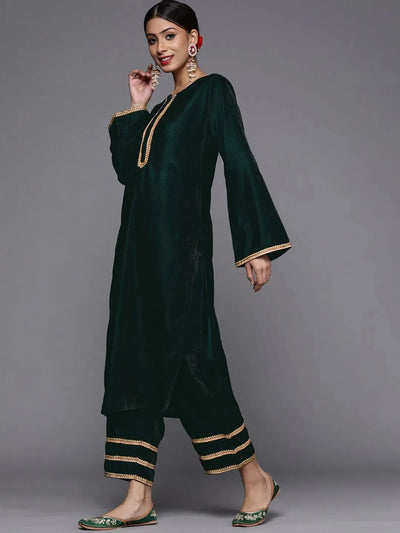 Green Solid Velvet Suit Set - Libas