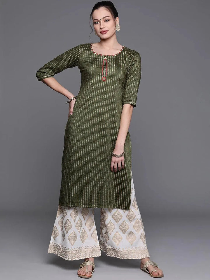 Green Striped Chanderi Silk Kurta - Libas