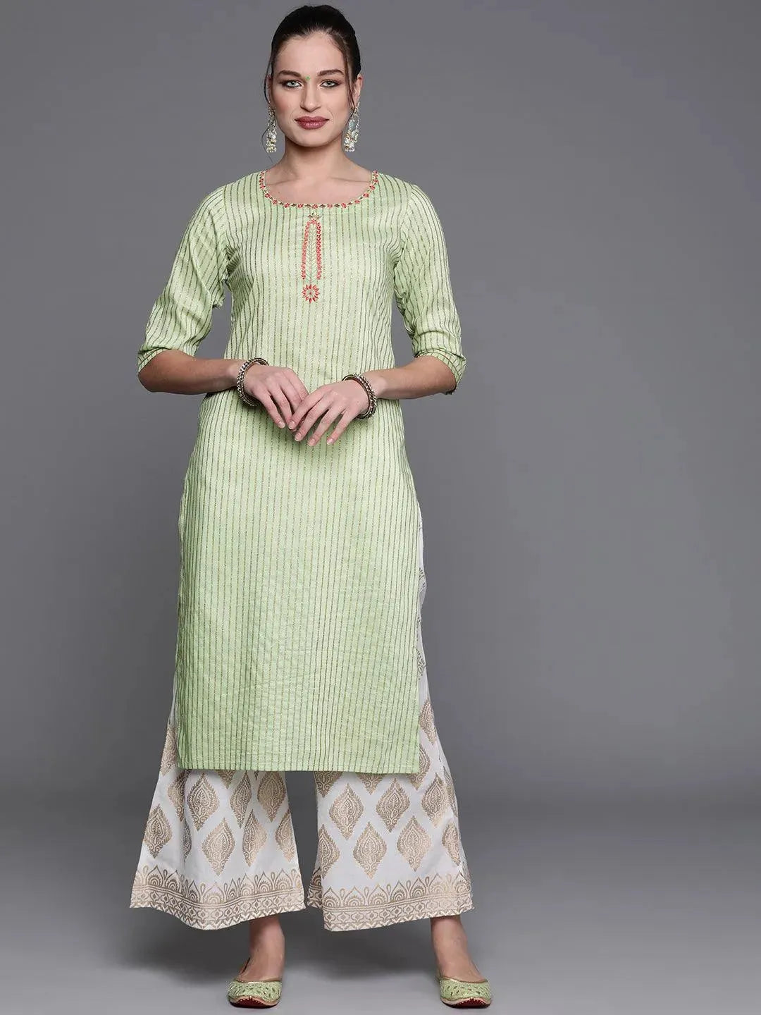 Green Striped Chanderi Silk Kurta - Libas