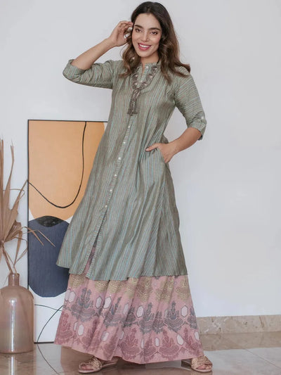 Green Striped Chanderi Silk Kurta - Libas