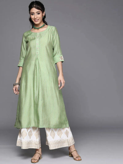 Green Striped Chanderi Silk Kurta - Libas