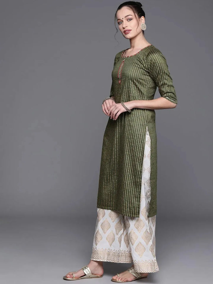 Green Striped Chanderi Silk Kurta - Libas