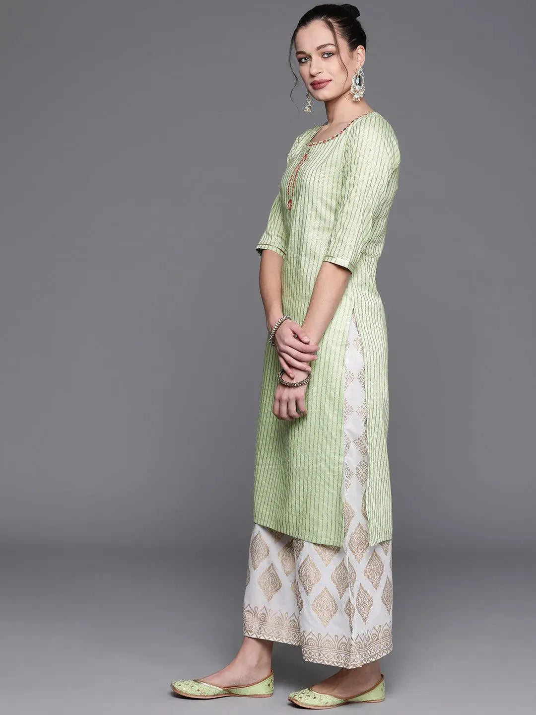 Green Striped Chanderi Silk Kurta - Libas