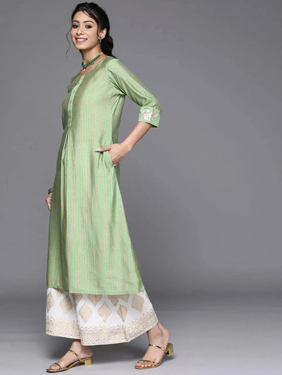 Green Striped Chanderi Silk Kurta - Libas