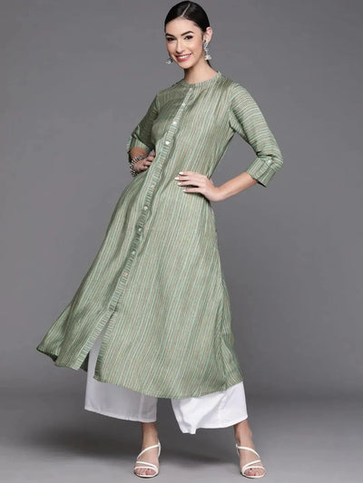 Green Striped Chanderi Silk Kurta - Libas