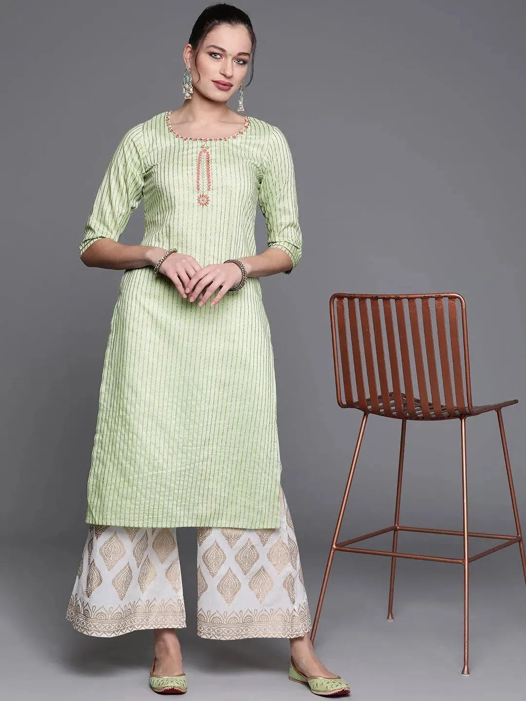 Green Striped Chanderi Silk Kurta - Libas