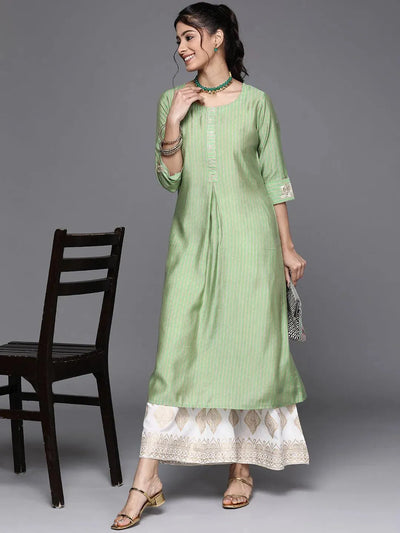 Green Striped Chanderi Silk Kurta - Libas