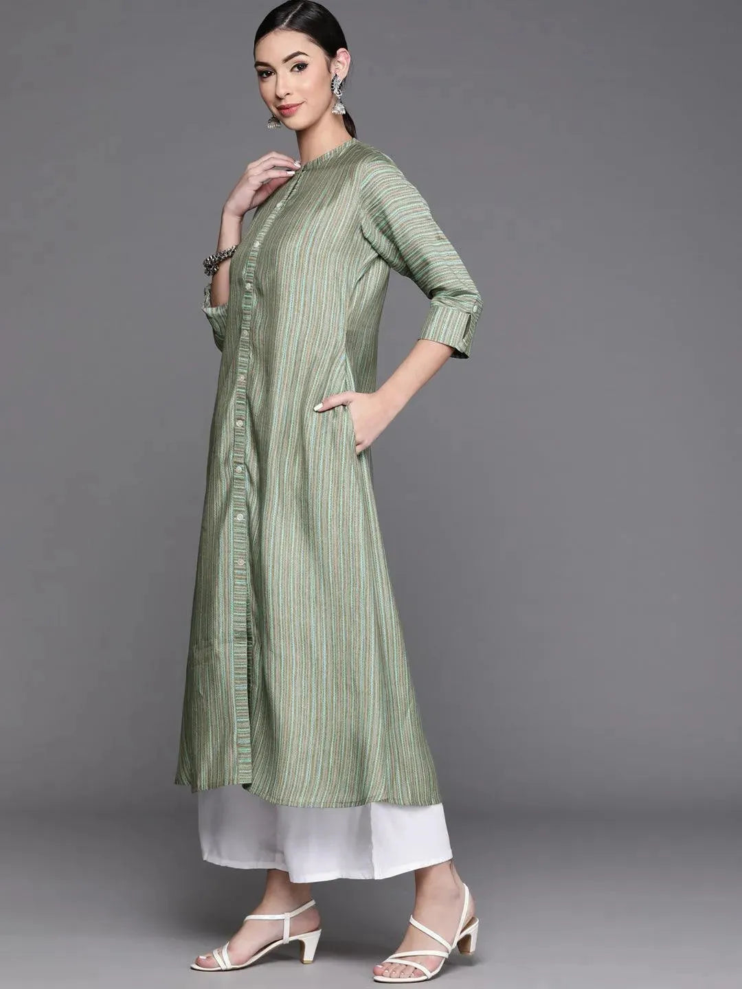 Green Striped Chanderi Silk Kurta - Libas 