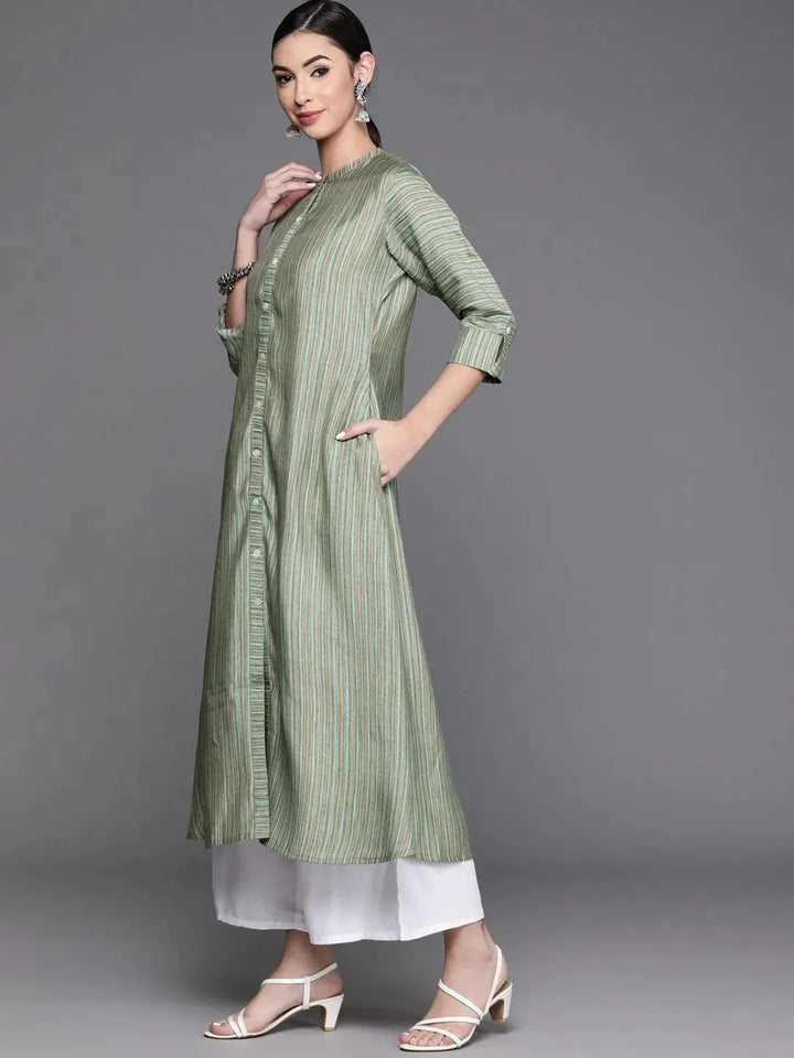 Green Striped Chanderi Silk Kurta - Libas