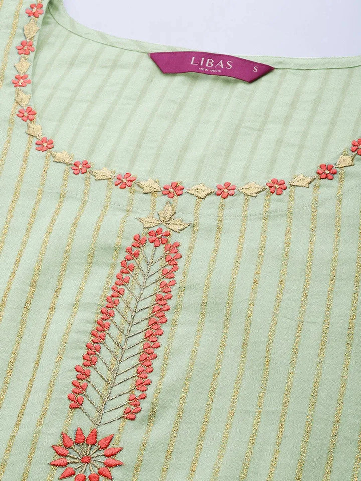 Green Striped Chanderi Silk Kurta - Libas