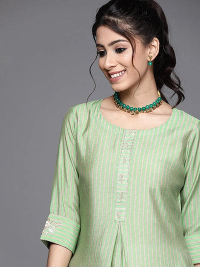 Green Striped Chanderi Silk Kurta - Libas