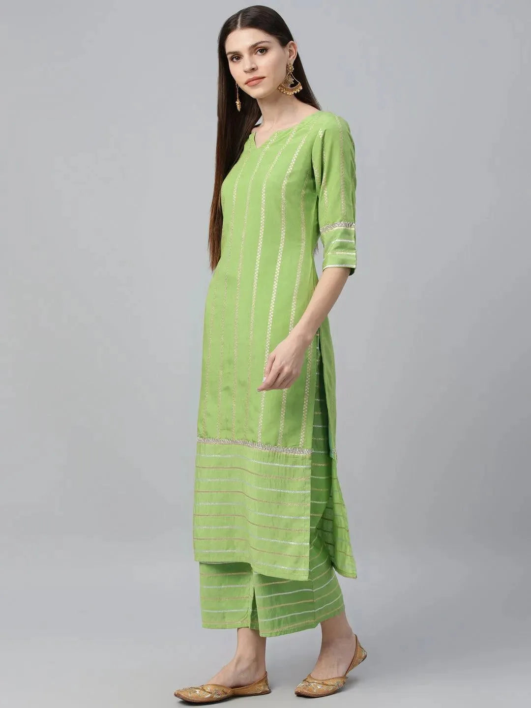 Green Striped Chanderi Suit Set - Libas