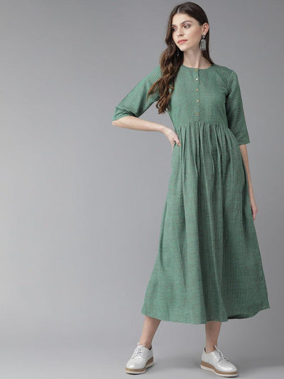 Green Striped Cotton Dress - Libas