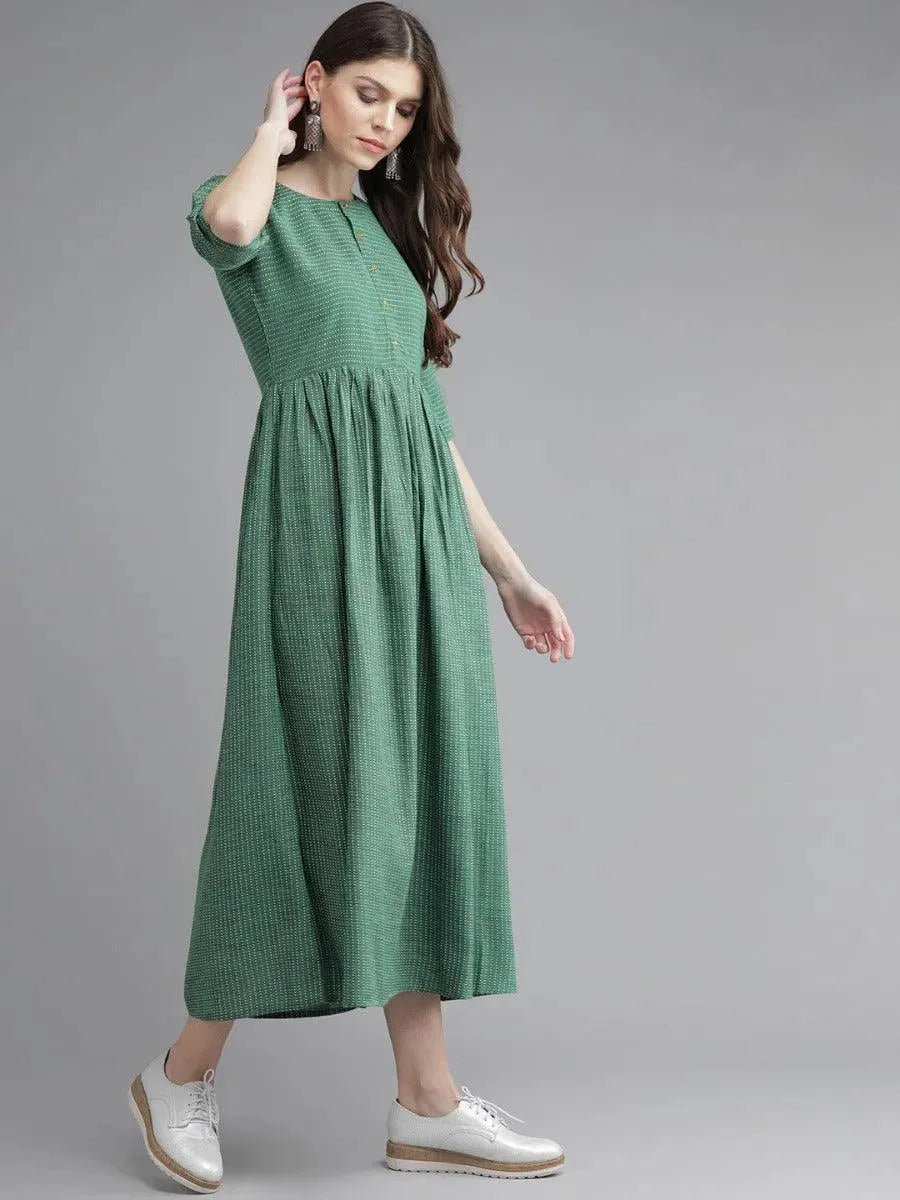 Green Striped Cotton Dress - Libas