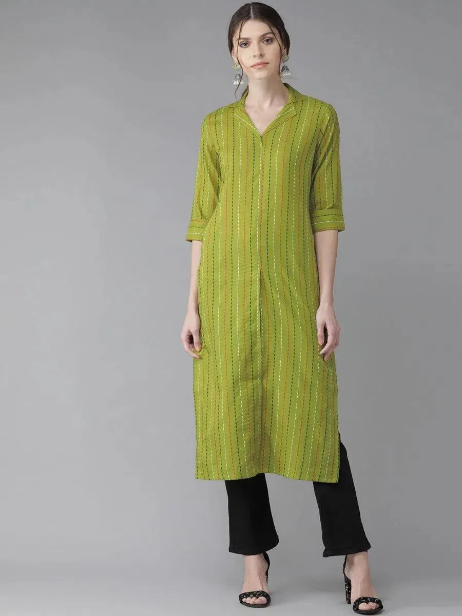 Green Striped Cotton Kurta - Libas