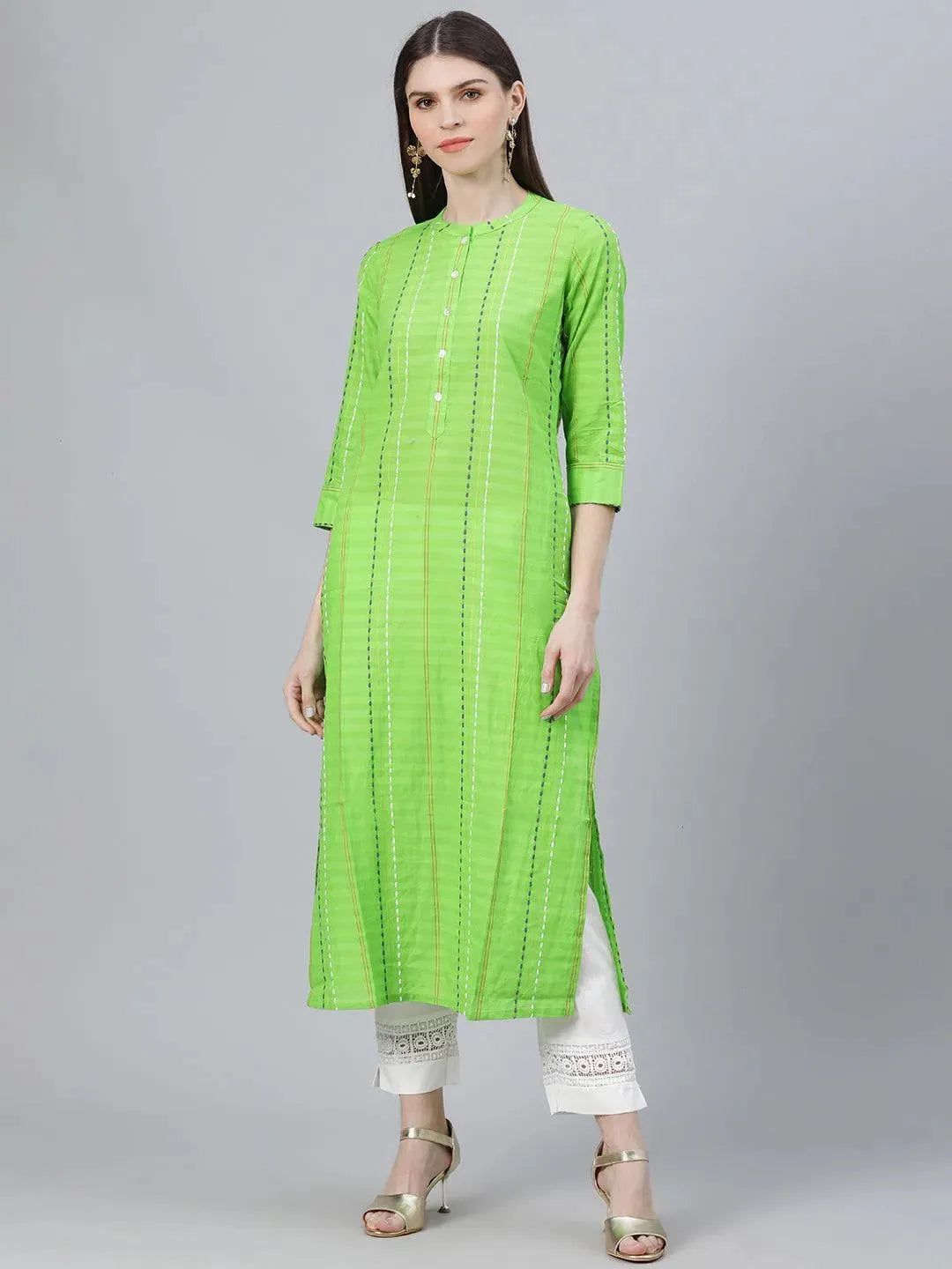 Green Striped Cotton Kurta - Libas 