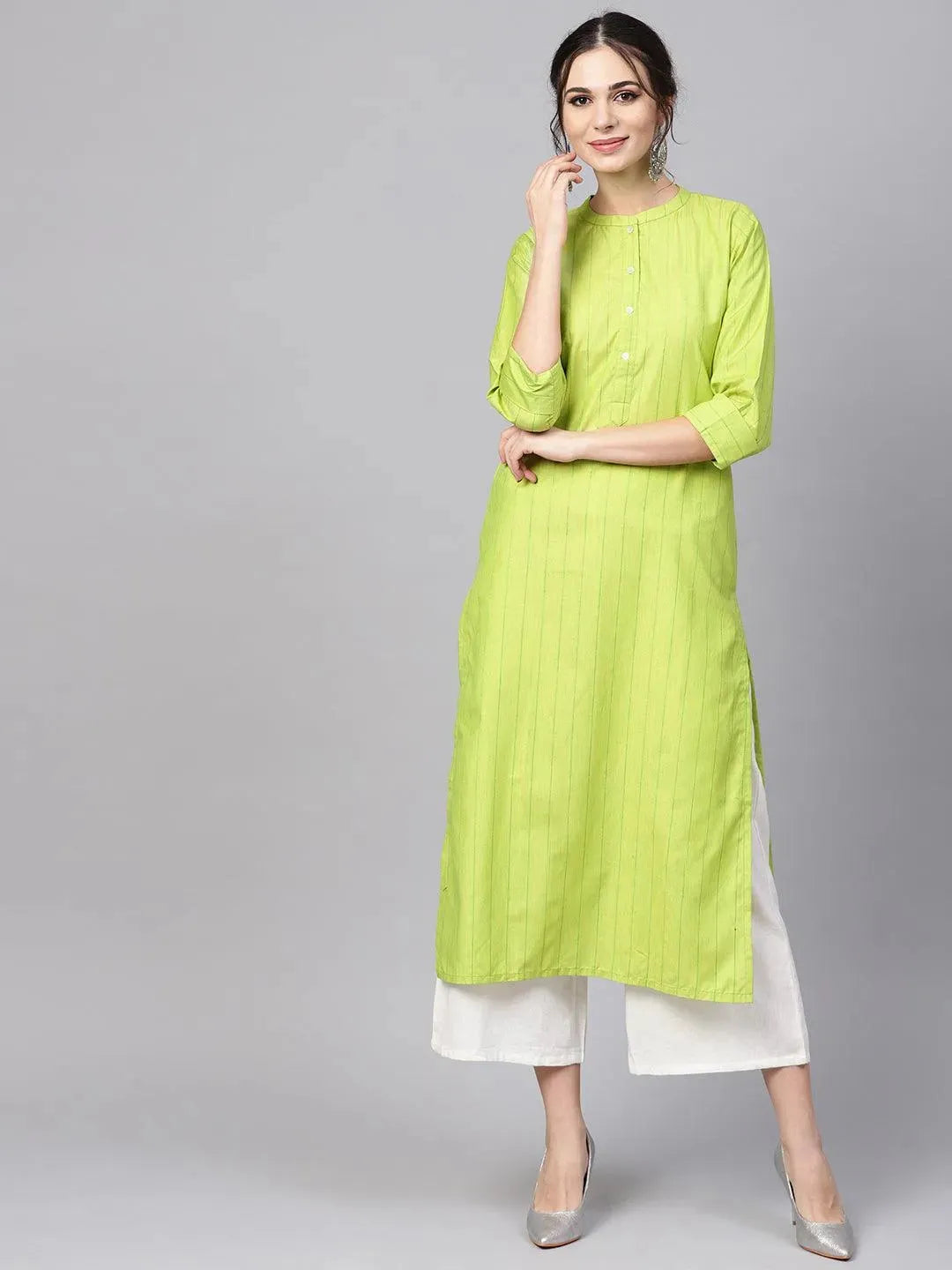 Green Striped Cotton Kurta - Libas